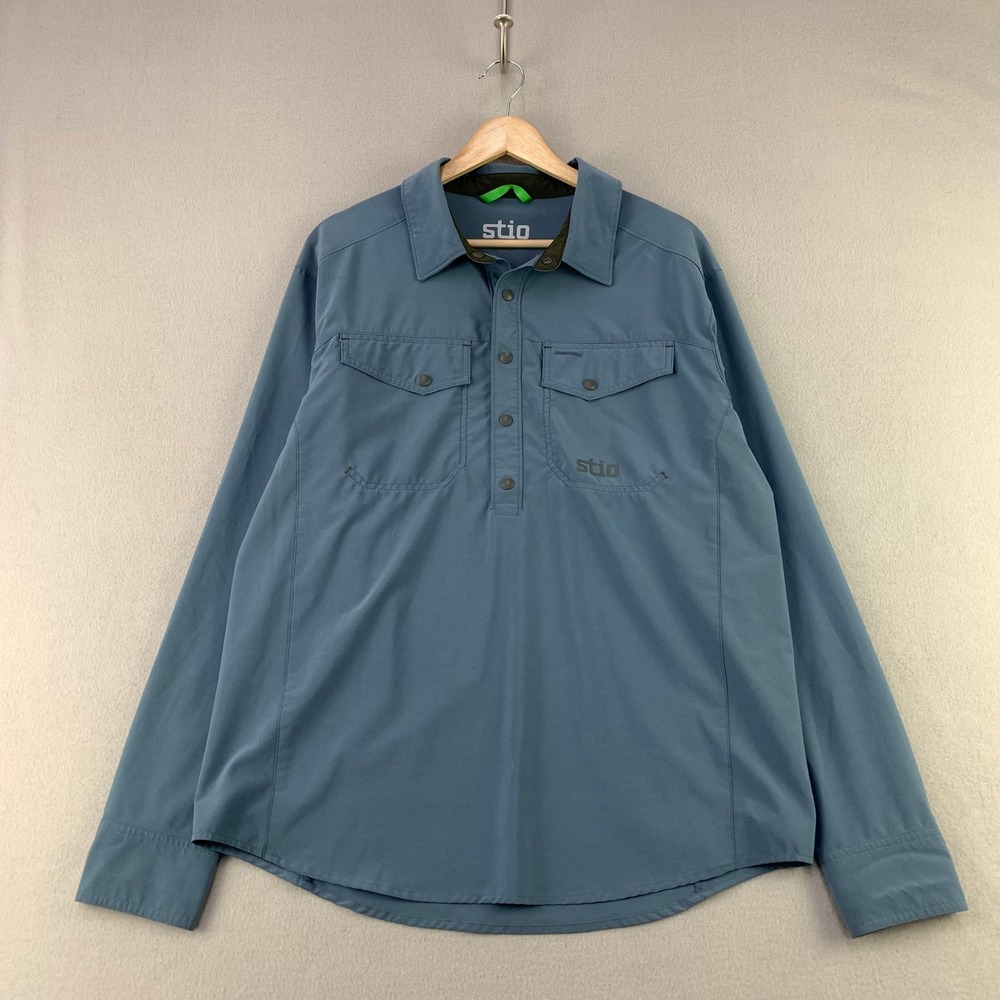 Stio Eddy Shirt Pullover Mens M Blue Outdoor Performance Stretch Snap Pocket
